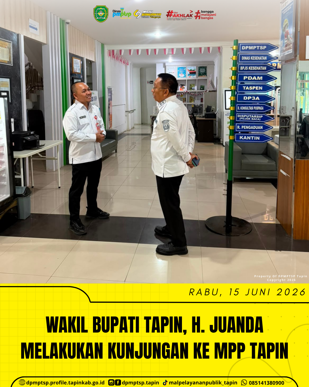 Wakil Bupati Tapin, H. Juanda, melaksanakan kunjungan ke Mal Pelayanan Publik (MPP) Kabupaten Tapin guna meninjau secara langsung penyelenggaraan pelayanan publik yang diberikan kepada masyarakat.