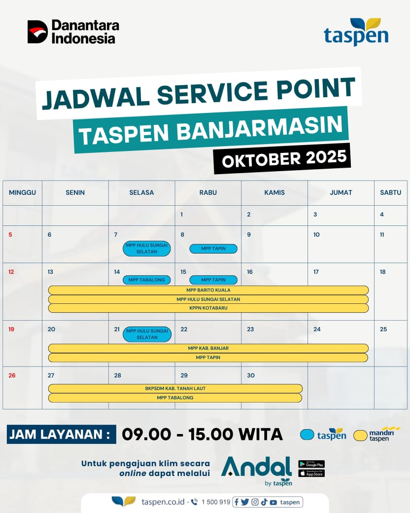 Jadwal Service point Taspen Banjarmasin Oktober 2025
