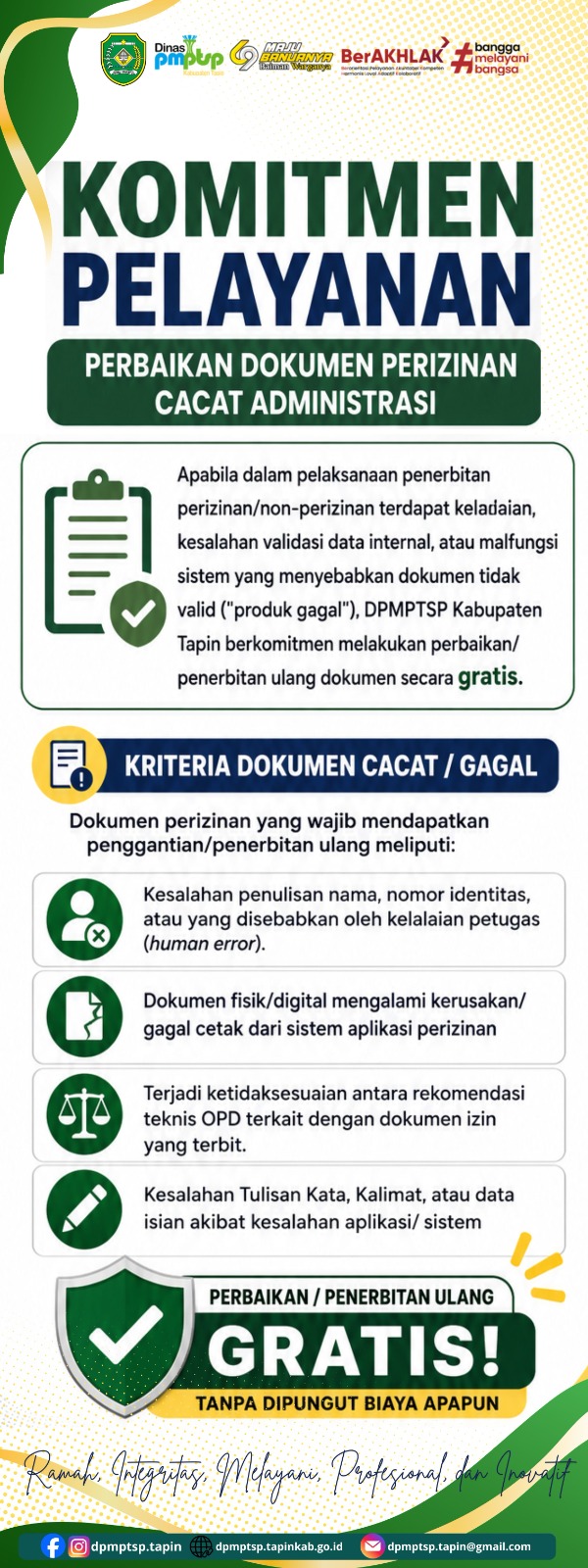 DPMPTSP Kabupaten Tapin Berkomitmen Melakukan Perbaikan Dokumen Perizinan Akibat Cacat Administrasi Tanpa Dipungut Biaya